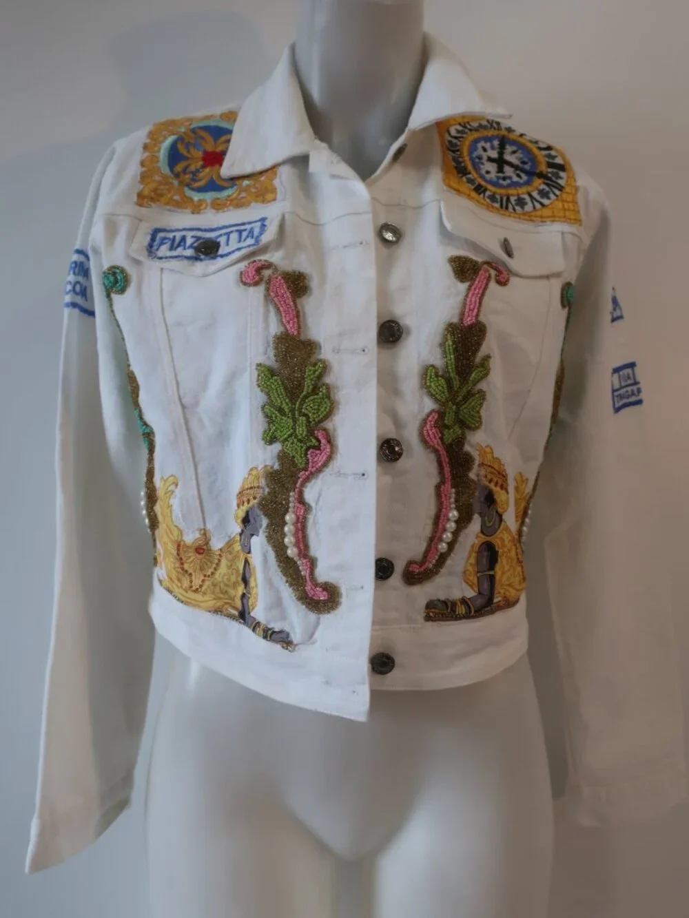 NWT Womens Antica Sartoria By Giacomo Cinque Wht Embroidered Bead Denim Jacket S - Picture 4 of 13